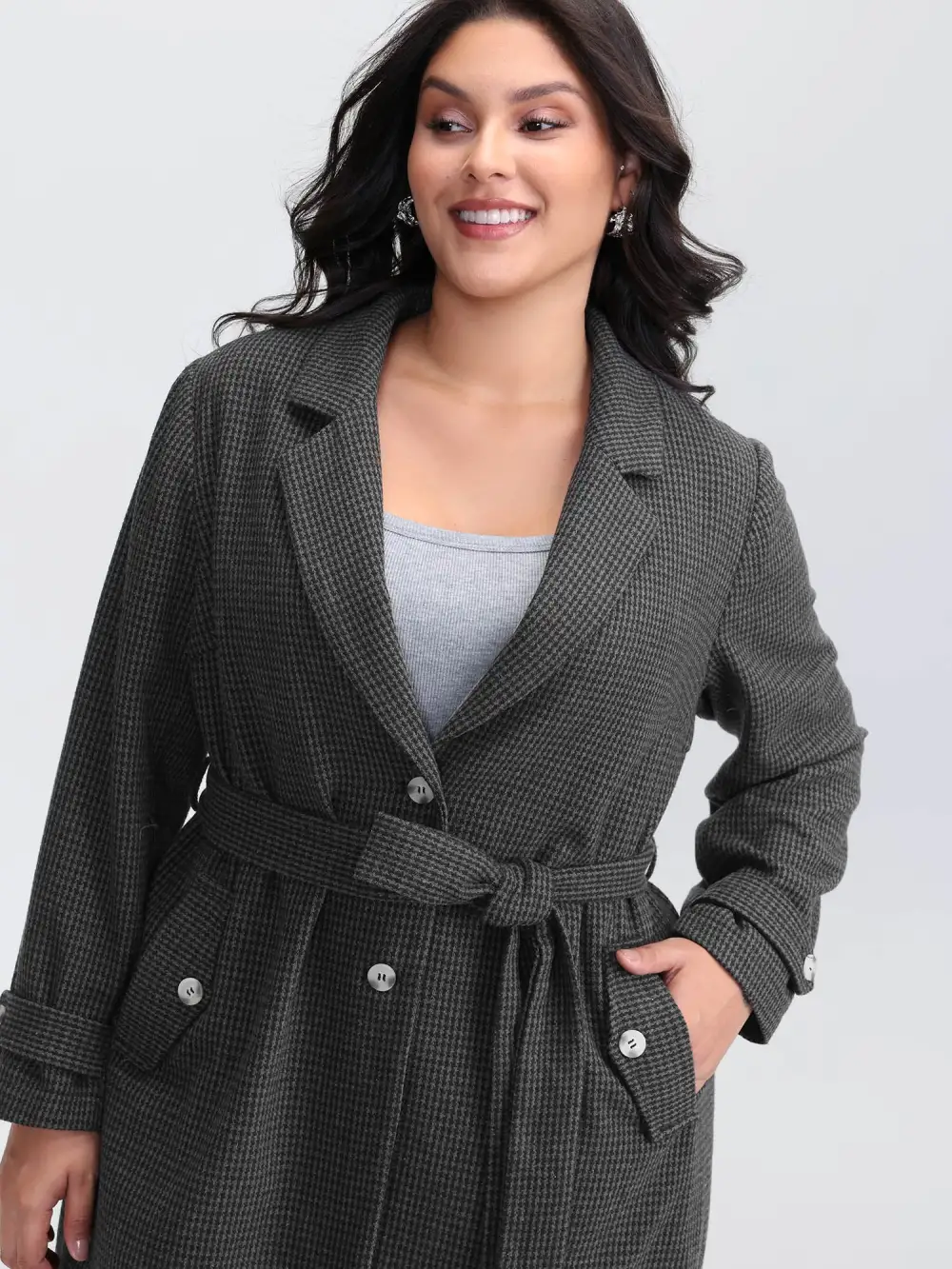 Houndstooth Button Detail Belted Coat