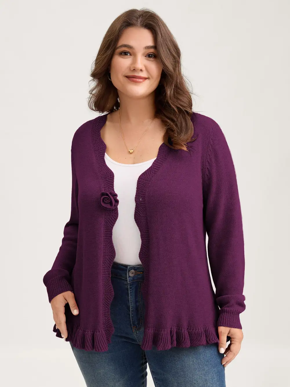 Supersoft Textured Floral Button Ruffled Hem Knit Cardigan