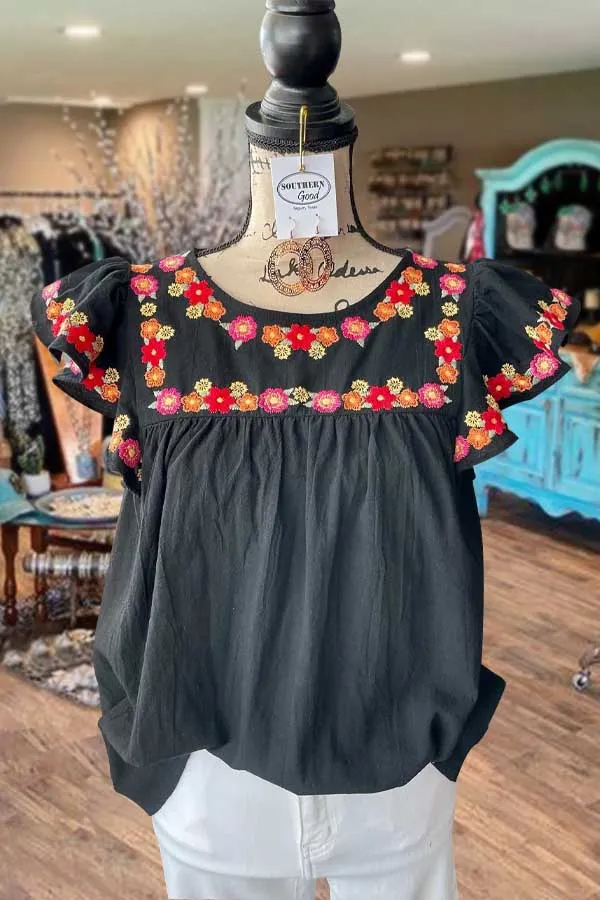 Floral Embroidered Ruffle Sleeve Top