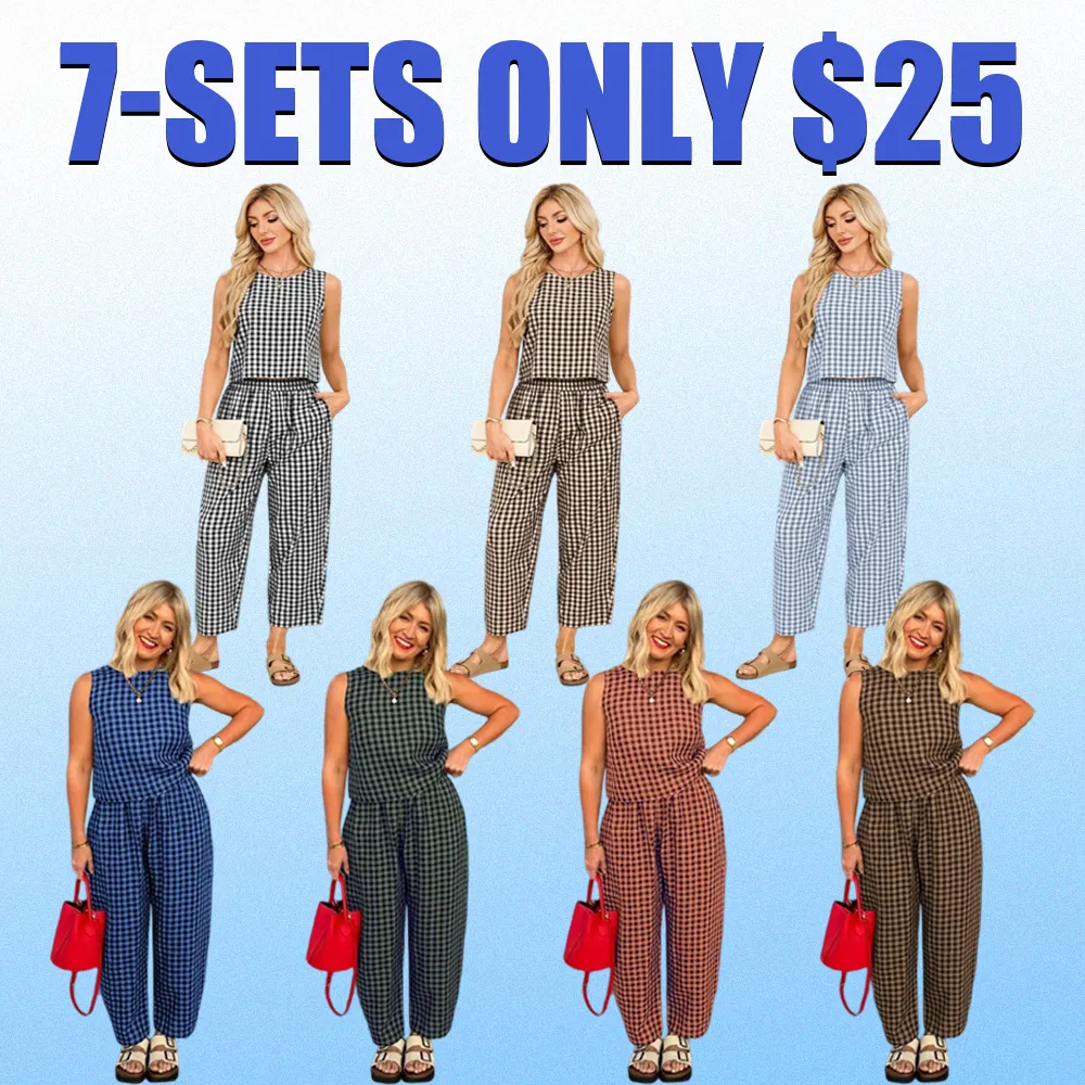 Women's Plaid Tank Top & Pants Set – Casual Sleeveless Summer Two-Piece Outfit