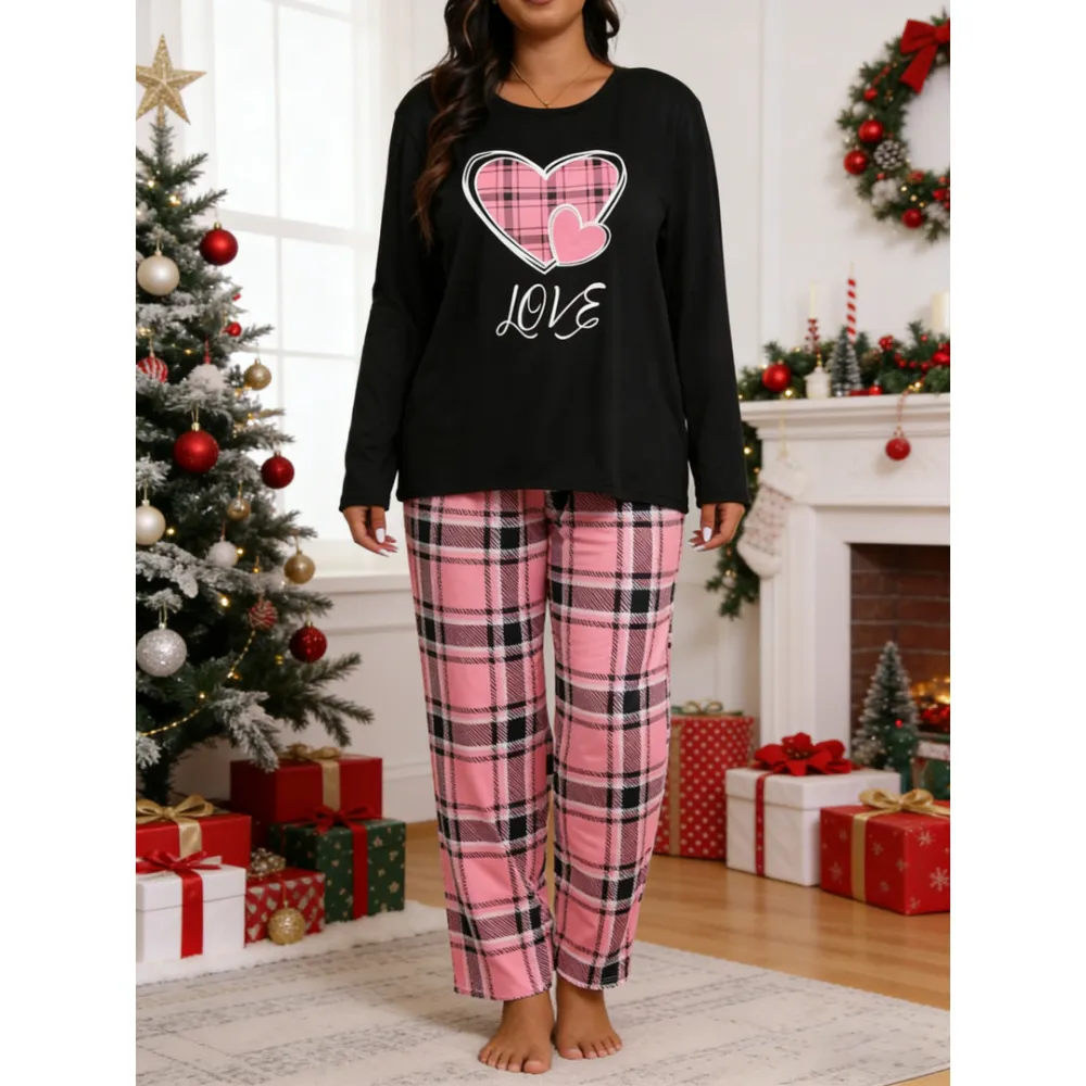 Two-piece Set Long Sleeve Heart Print Tee & Plaid Print