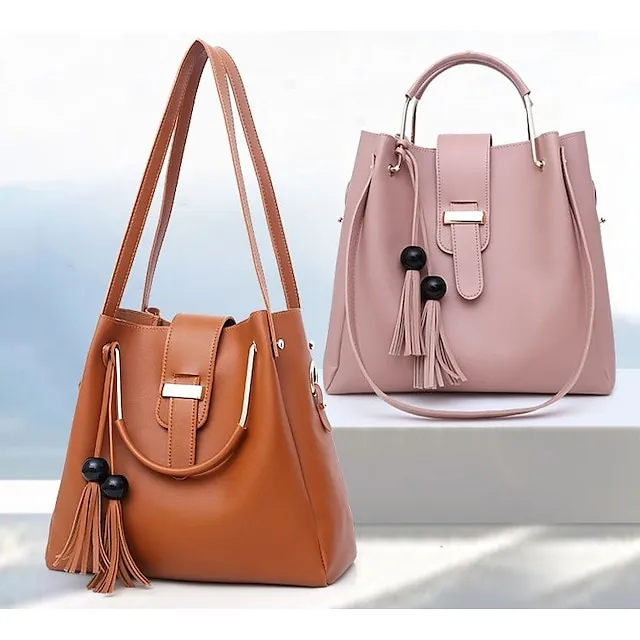 Women's Bag Set PU Leather 3 Pcs Purse Set Shopping Zipper Tassel Black White Pink