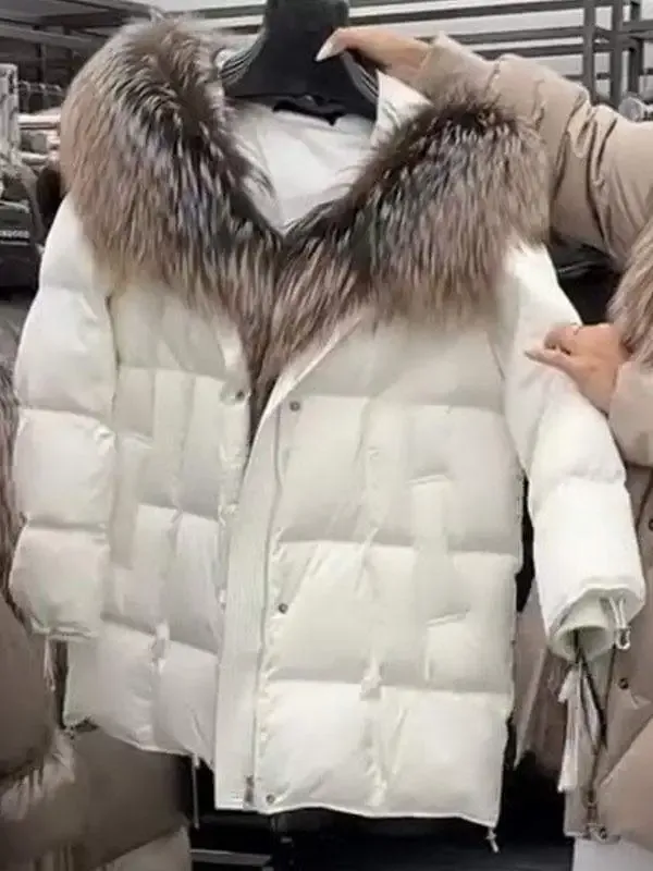 Mid - length Down Jacket with a Fur - trimmed Hood