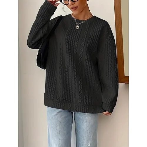 Women's Sweatshirt Plain Work Zipper Black White Pink Elegant Modern Loose Fit Crew Neck Long Sleeve Micro-elastic Spring Fall