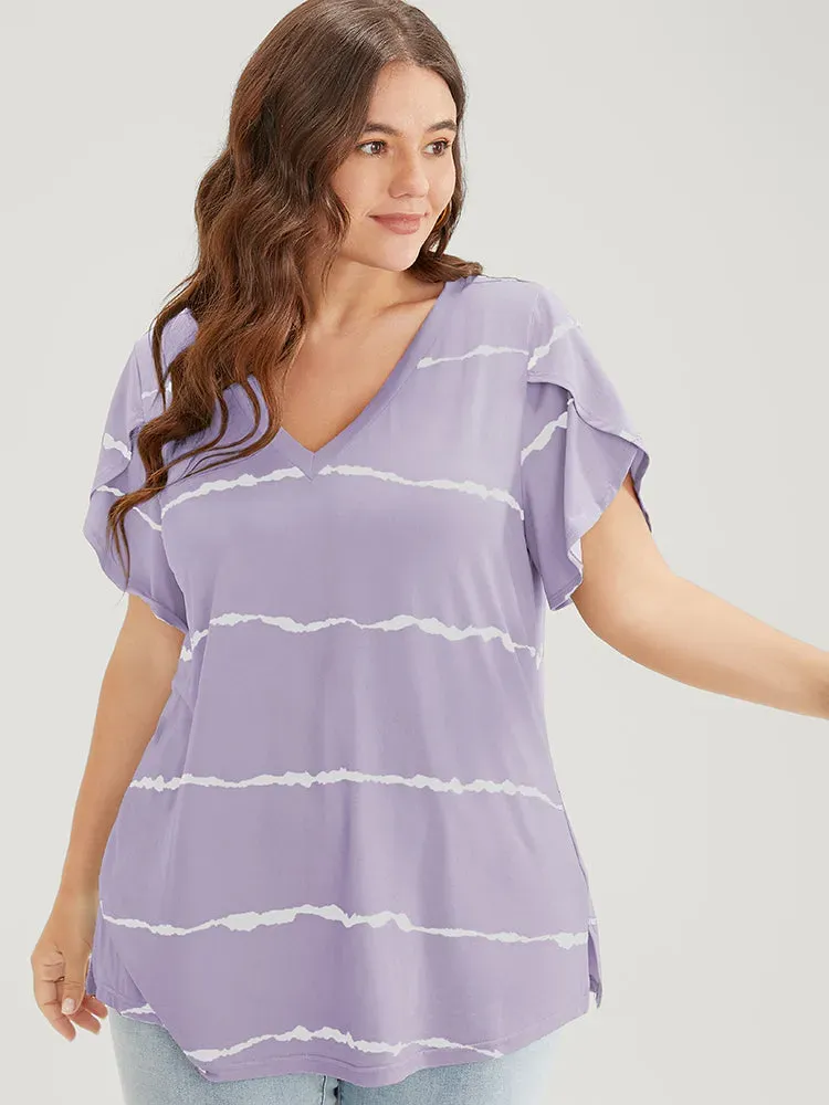 Striped Contrast Petal Sleeve T-shirt