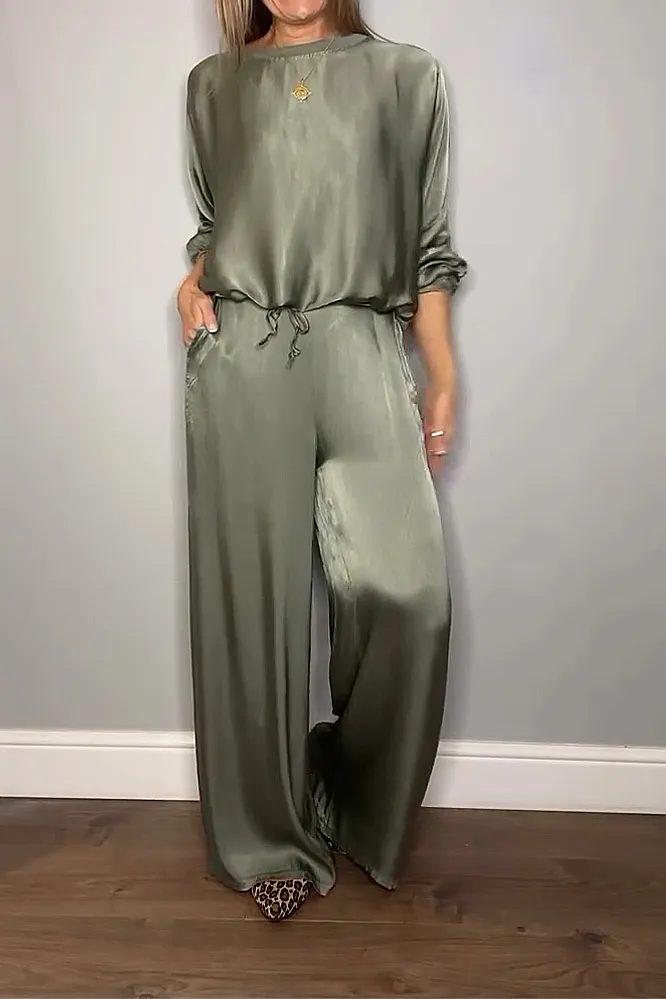 Women's Solid Color satin loose long sleeved top&Pants Two Piece Set