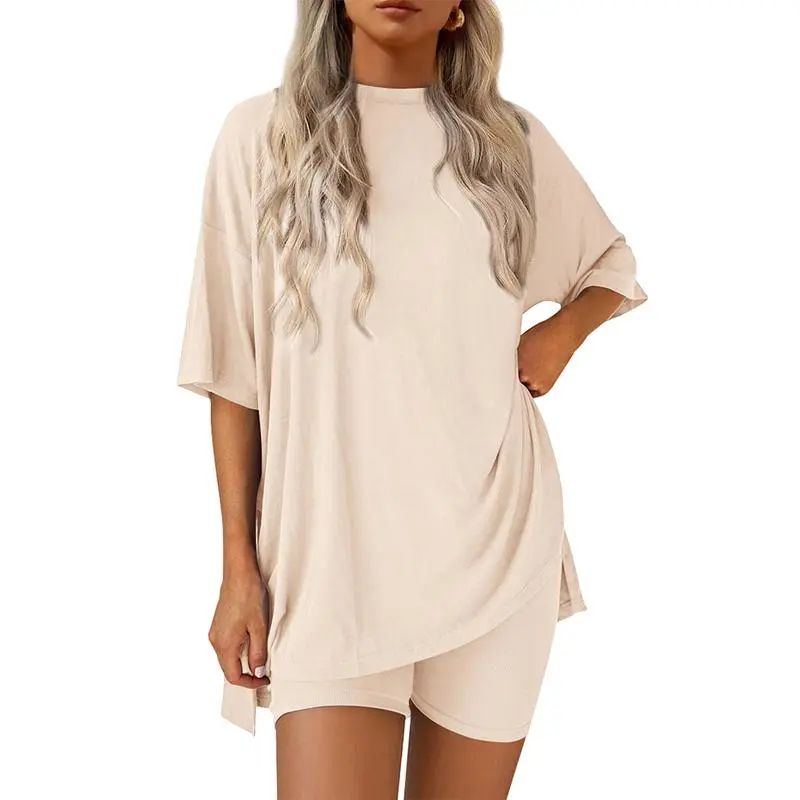 Women’s Oversized Lounge Set-Breathable Crewneck Top & Pocket Shorts