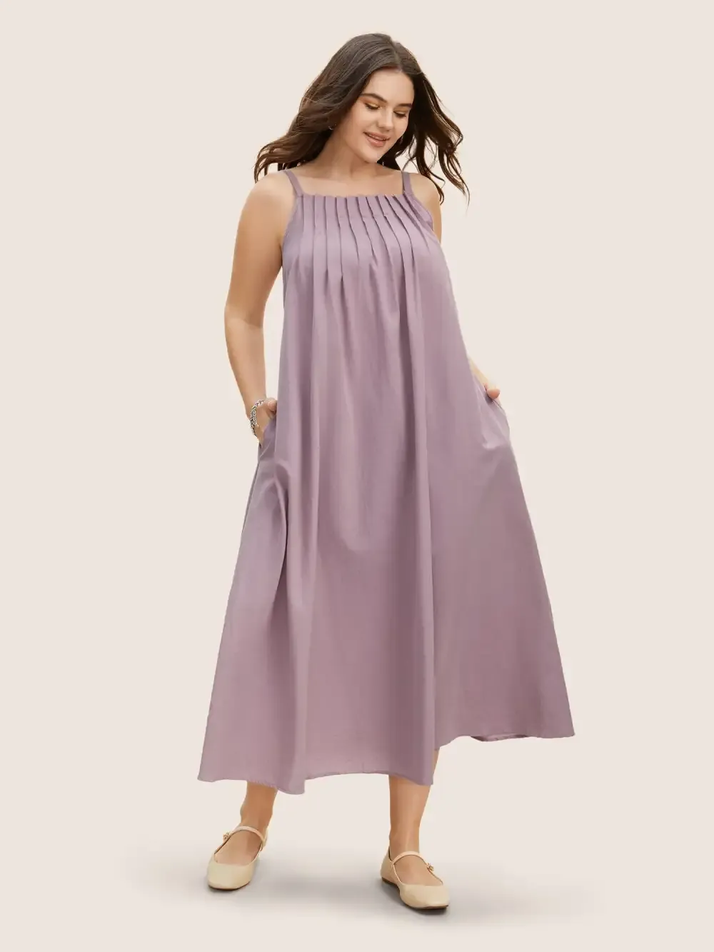Cotton Plain Pleated Loose Fit Cami Dress