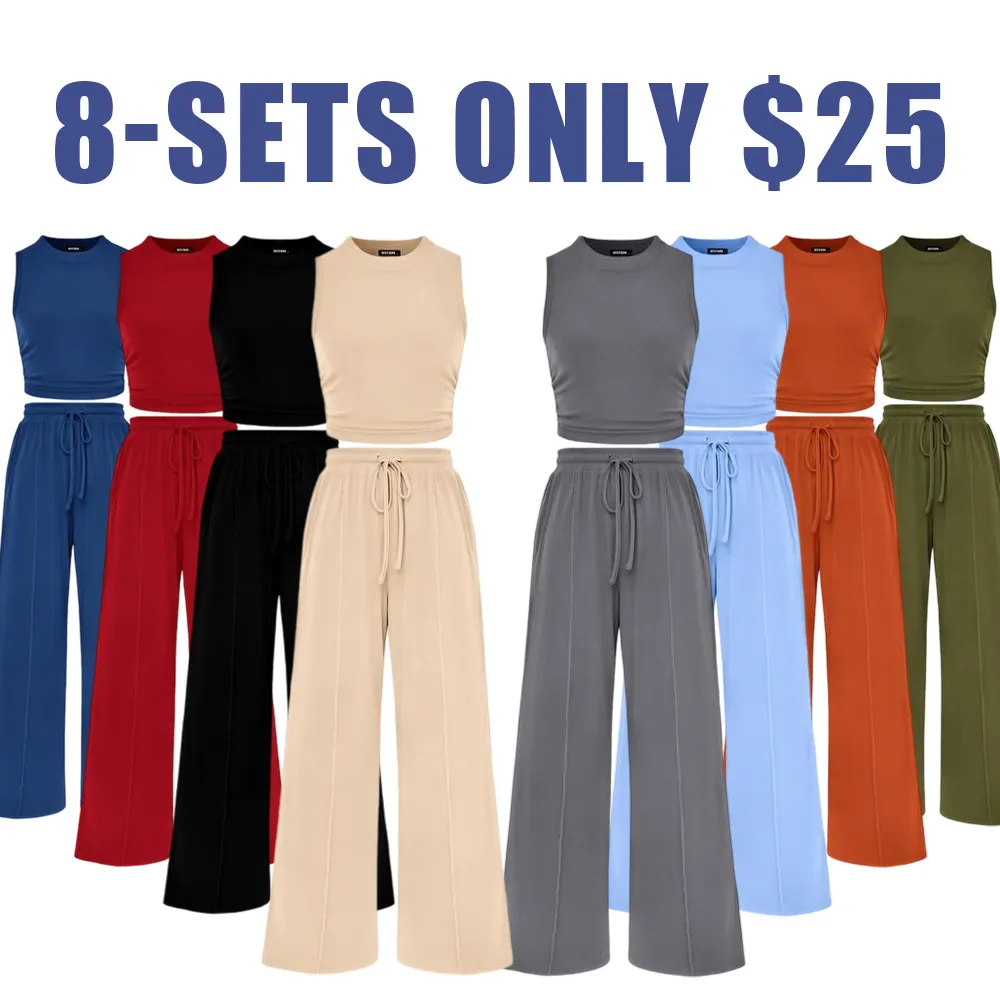 Women's Summer Ribbed Knit 2-Piece Set – Sleeveless Crop Top & Wide-Leg Pants