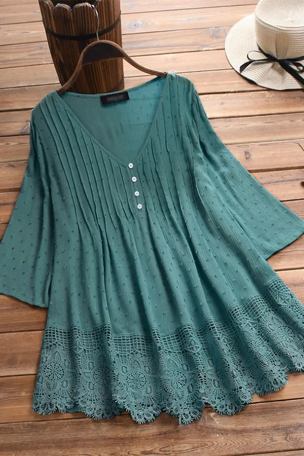 Solid Jacquard V-Neck Lace Patchwork Shirt