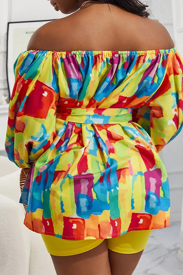 Denim Print Off-Shoulder Belted Pant Set