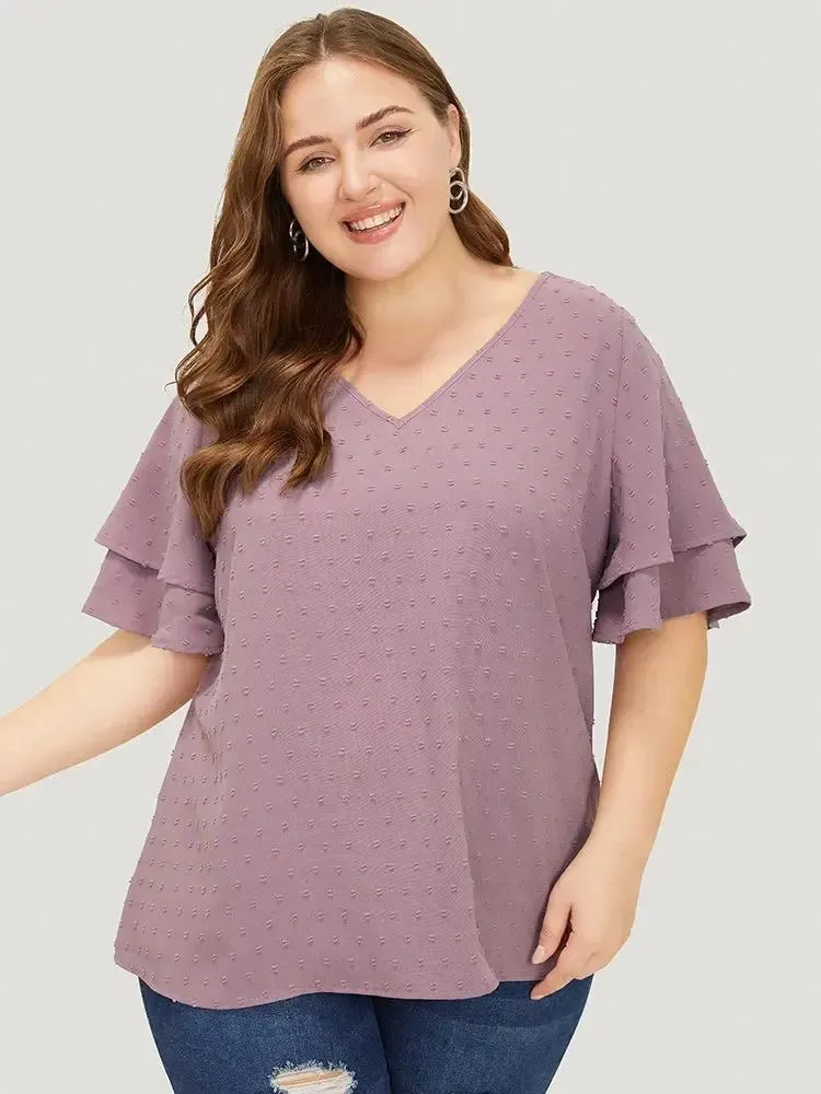 Plain Broderie Anglaise Shirred Puff Sleeve Button Detail T-shirt