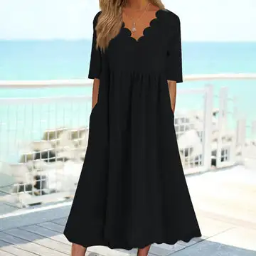 Jet Black Fancy V-Neck Empire Waist Pleated Midi Dress