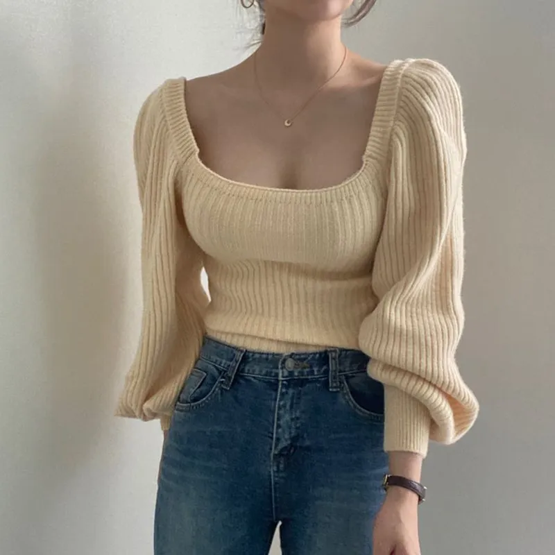 Plain Knit Top With Square Collar And Bubble Sleeves