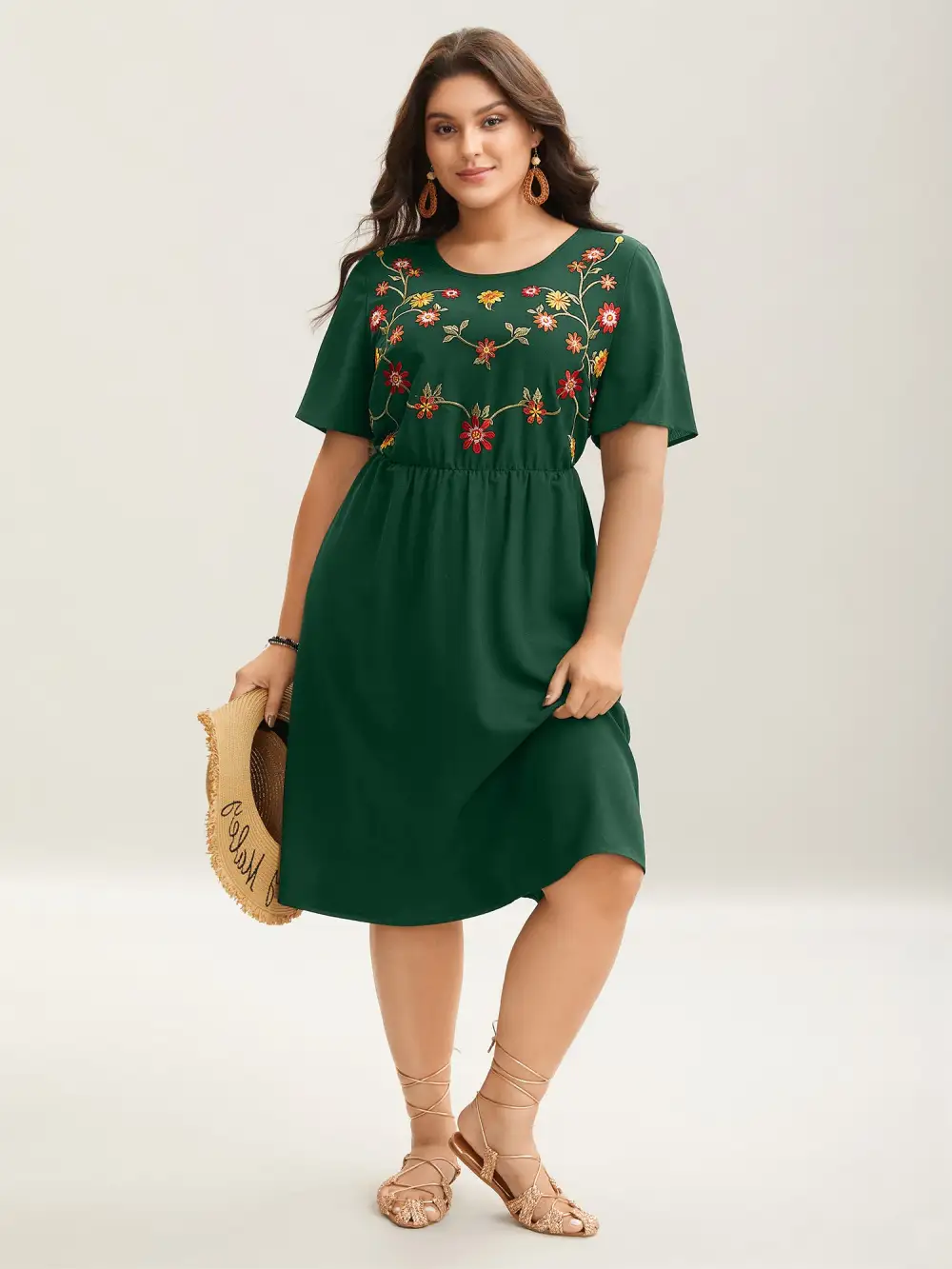Floral Embroidered Waist-Cinched Midi Dress