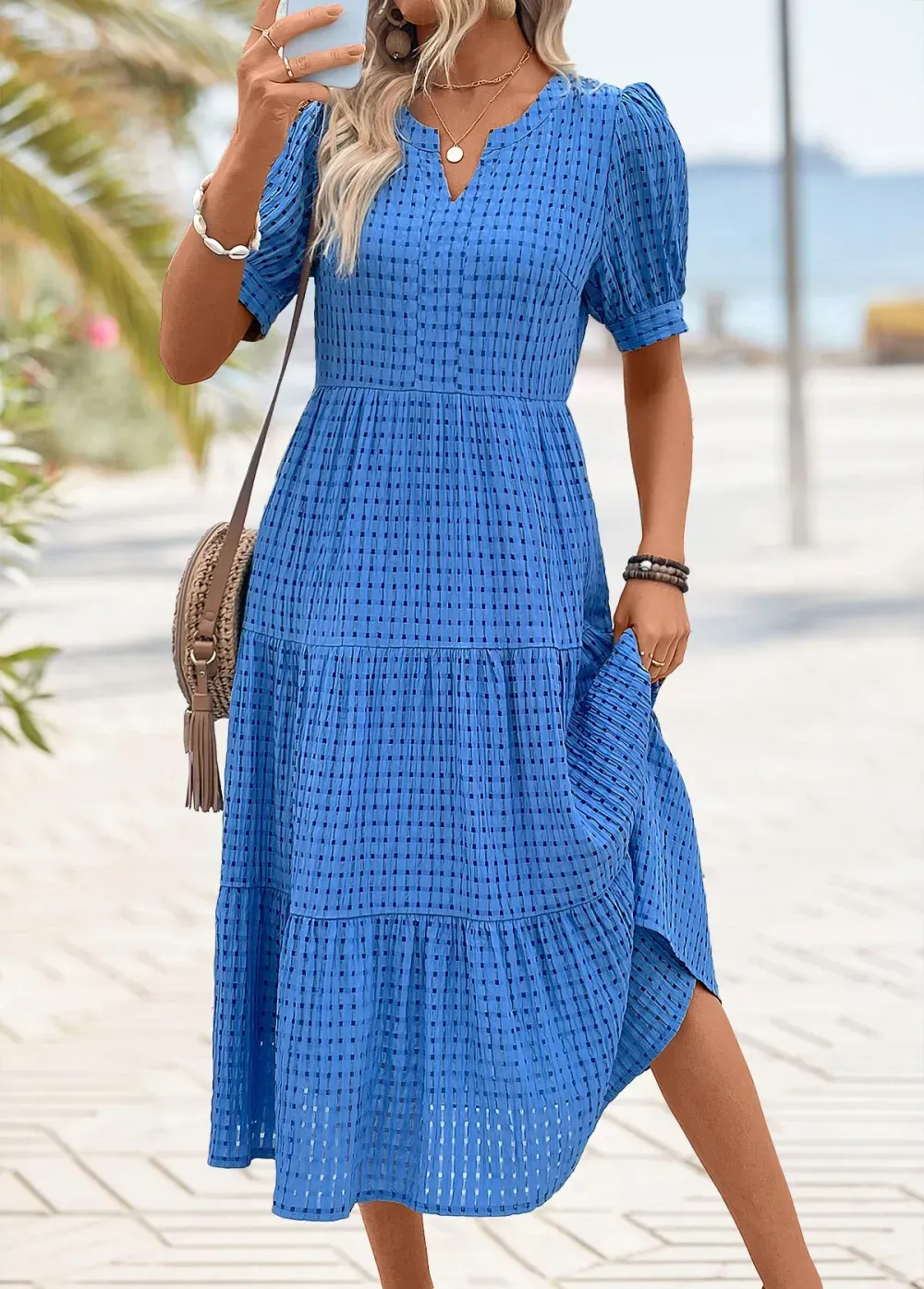 Blue Button Short Sleeve Split Neck Dress