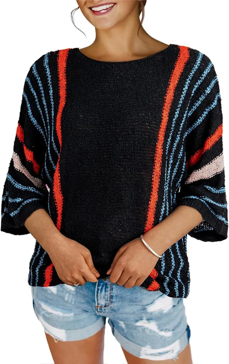 ✨Hot Sale-Women's Casual Color Block Striped Cable Knit Boho Sweater