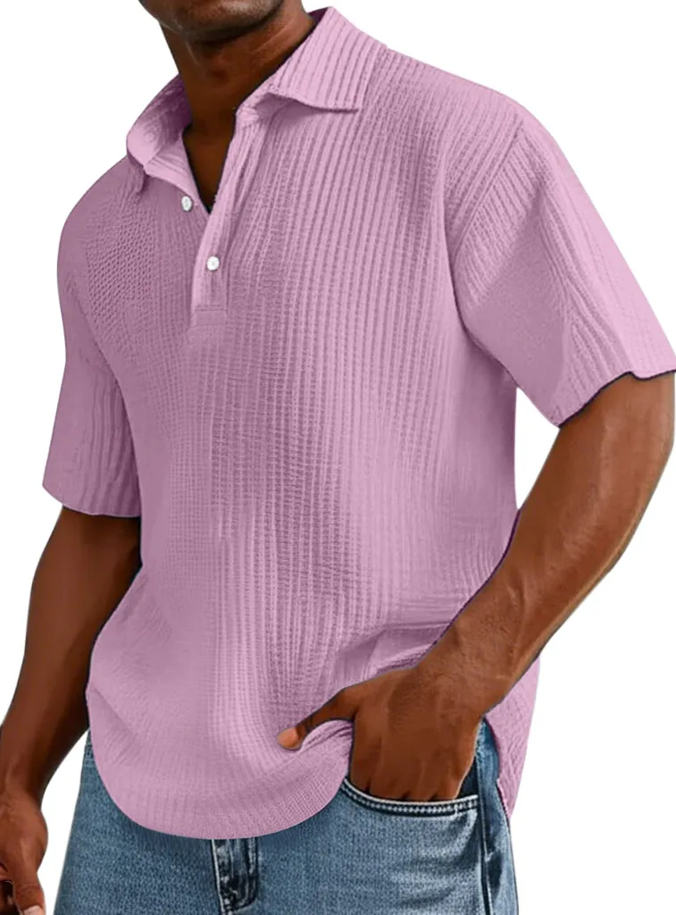 Men's Casual Solid Color Pleated Texture Short-sleeved Button Polo Shirt