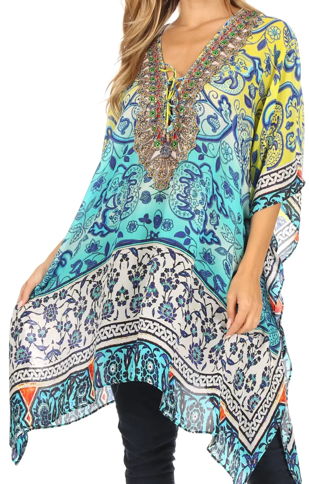 Women's Caftan Poncho Cover up V neck Top Lace up With Rhinestone