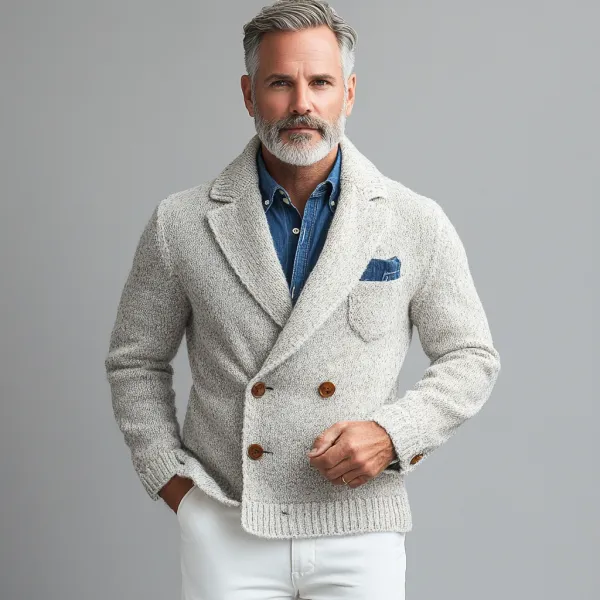 Men's Business Lapel Collar Double Breasted Chest Pocket Knit Jacket