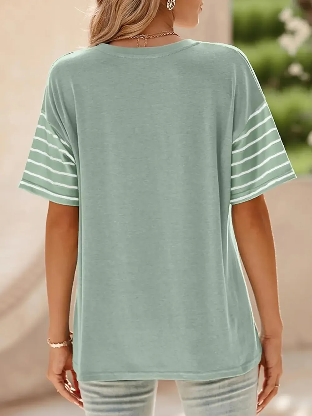 ✨Womens Oversized Crewneck Casual Color Block Striped Shirts Blouses