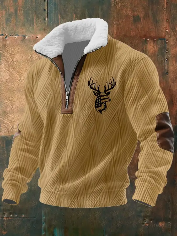 Men's Retro Jacquard Fabric Zipper Fur Collar Long Sleeve Sweatshirt