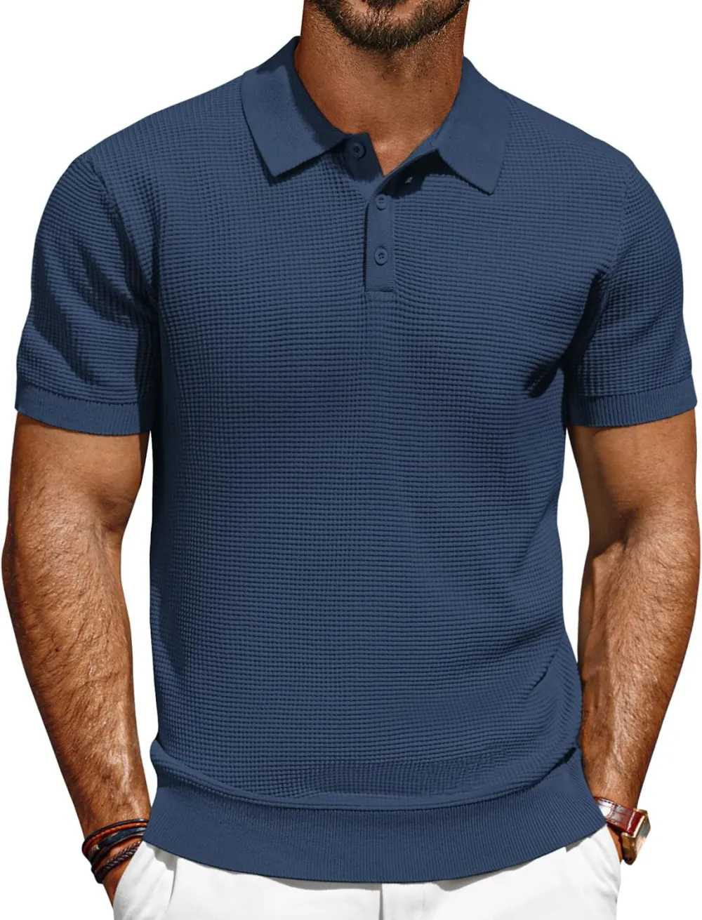 Knit Polo Shirts for Men Casual Short Sleeve Waffle Texture Polo Golf Shirt