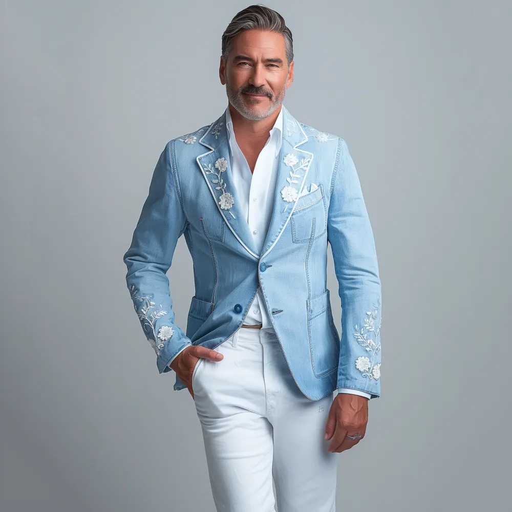 Men's Floral Notched Lapel Two Button Denim Blazer