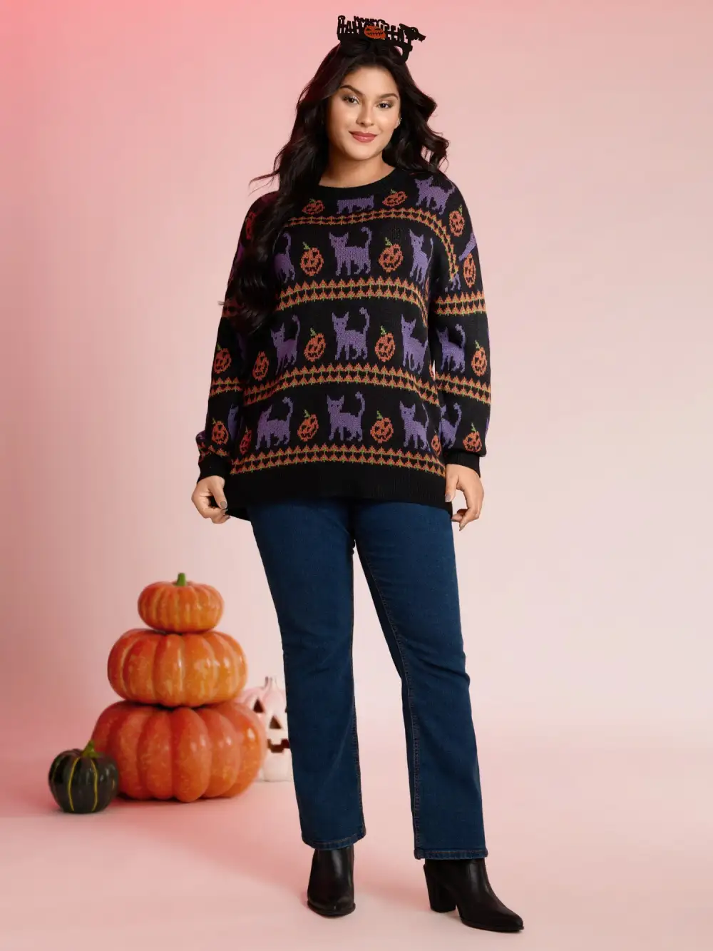 Cat Halloween Print Cozy Pullover