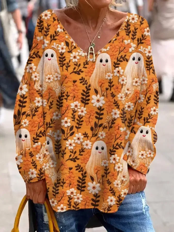 Women's Ghost Print V-Neck T-Shirt