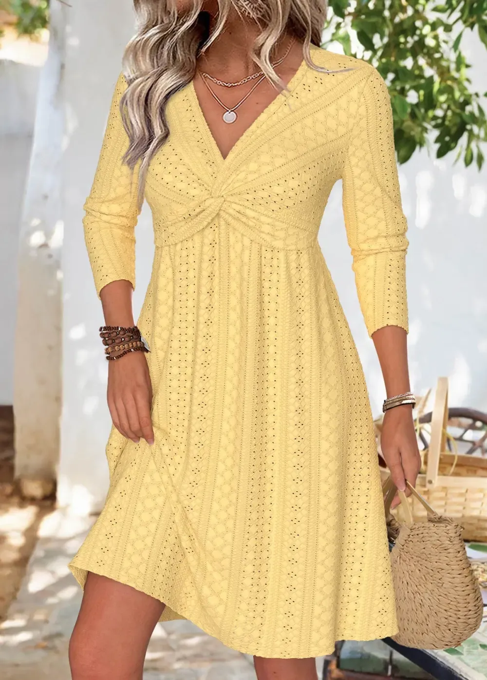Light Yellow Long Sleeve V Neck Dress