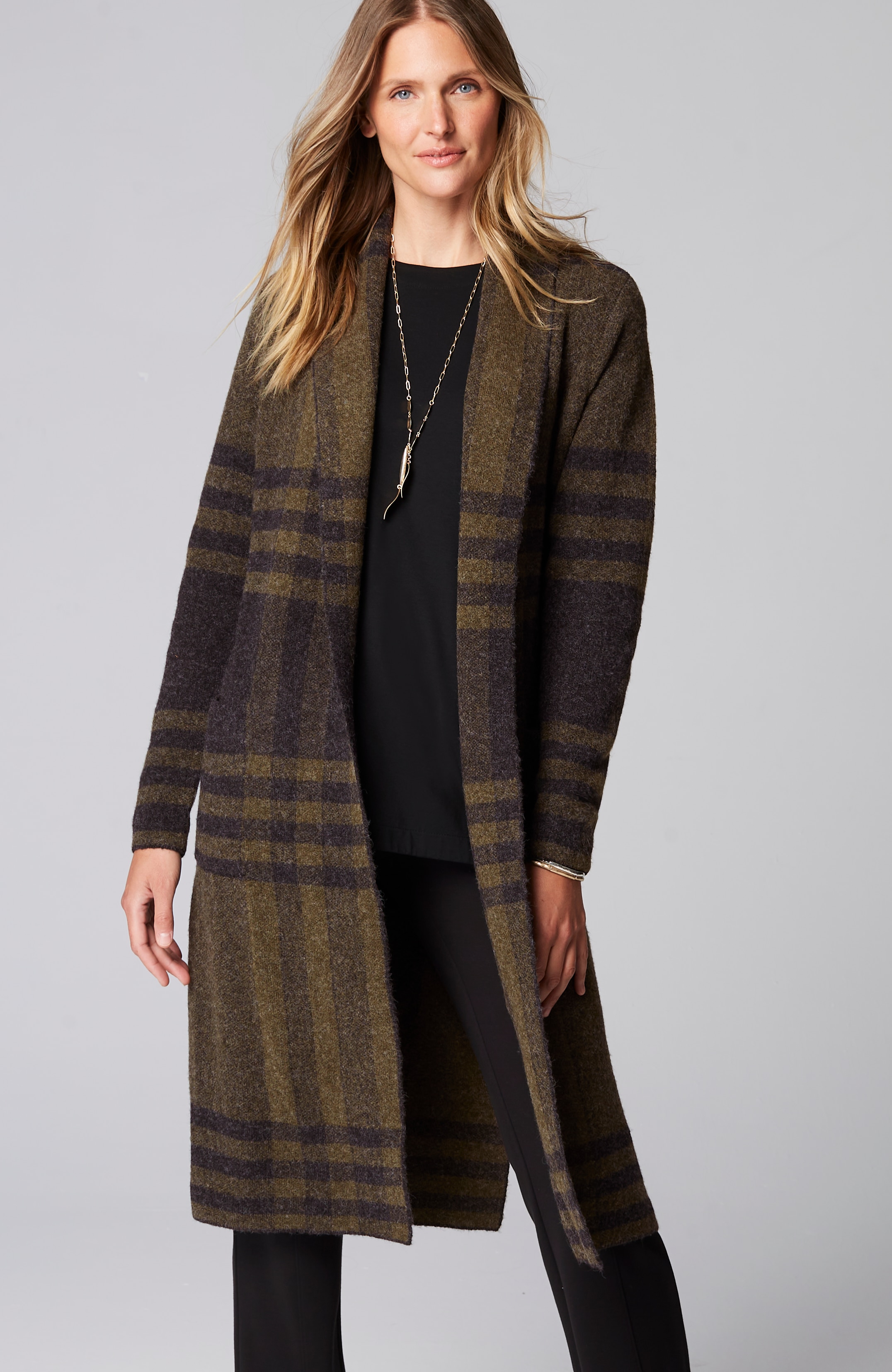Wearever Shawl-Collar Plaid Sweater Coat