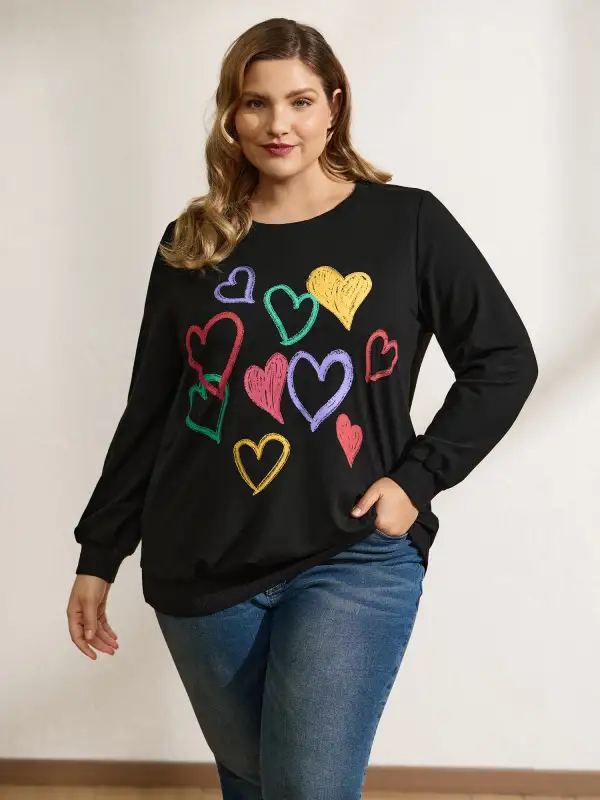 Colorful Foam Printed Hearts Stretchy Hem Sweatshirt