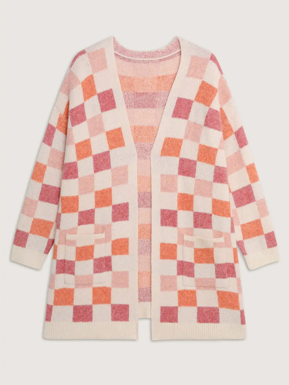 Checkered Color Contrast Open-Front Cardigan