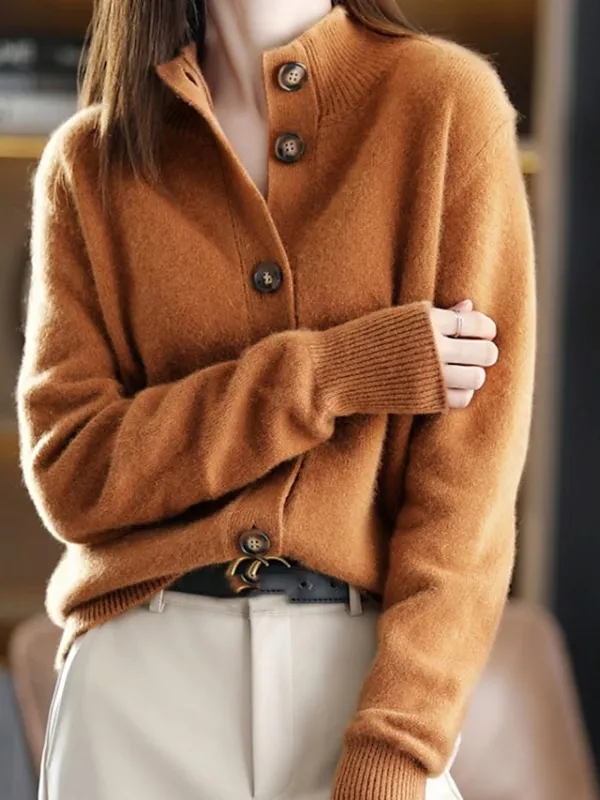 Women's Cardigan Sweater Stand Collar Knit Button Knitted Fall Winter Outdoor Home Daily Stylish Basic Casual Long Sleeve Pure Color Camel Brown