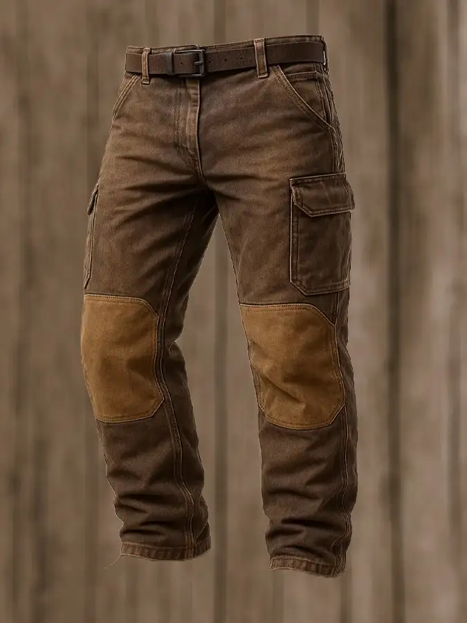 Men's Vintage Outdoor Distressed Adventure Stitching Knee Pads Multi-function Pocket Work Pants