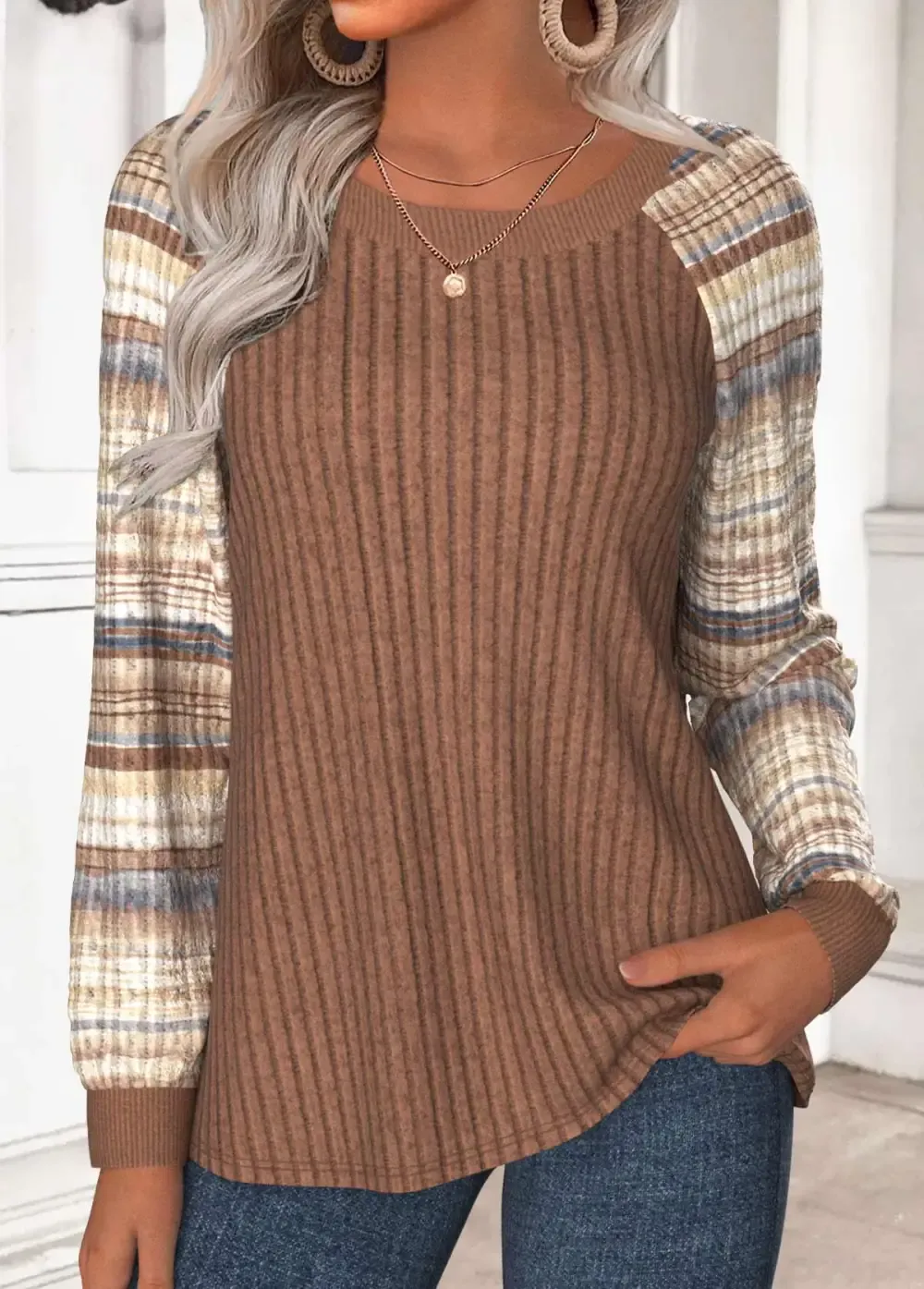 Dark Coffee Tummy Coverage Tribal Print Long Sleeve Sweatshirt