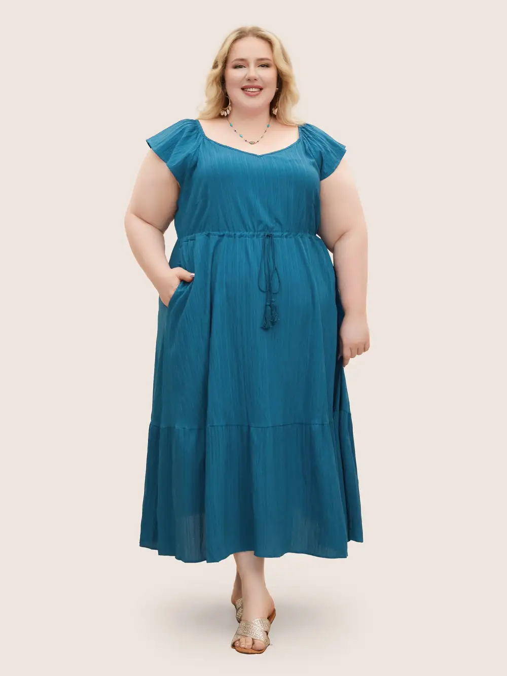 Texture Drawstring Tie Knot Tassels Dress