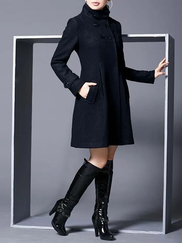 Women's Coat Cloak / Capes Work Street Daily Winter Fall Long Coat Stand Collar Regular Fit Windproof Warm Casual Jacket Long Sleeve Solid Color Green Black Dark Gray