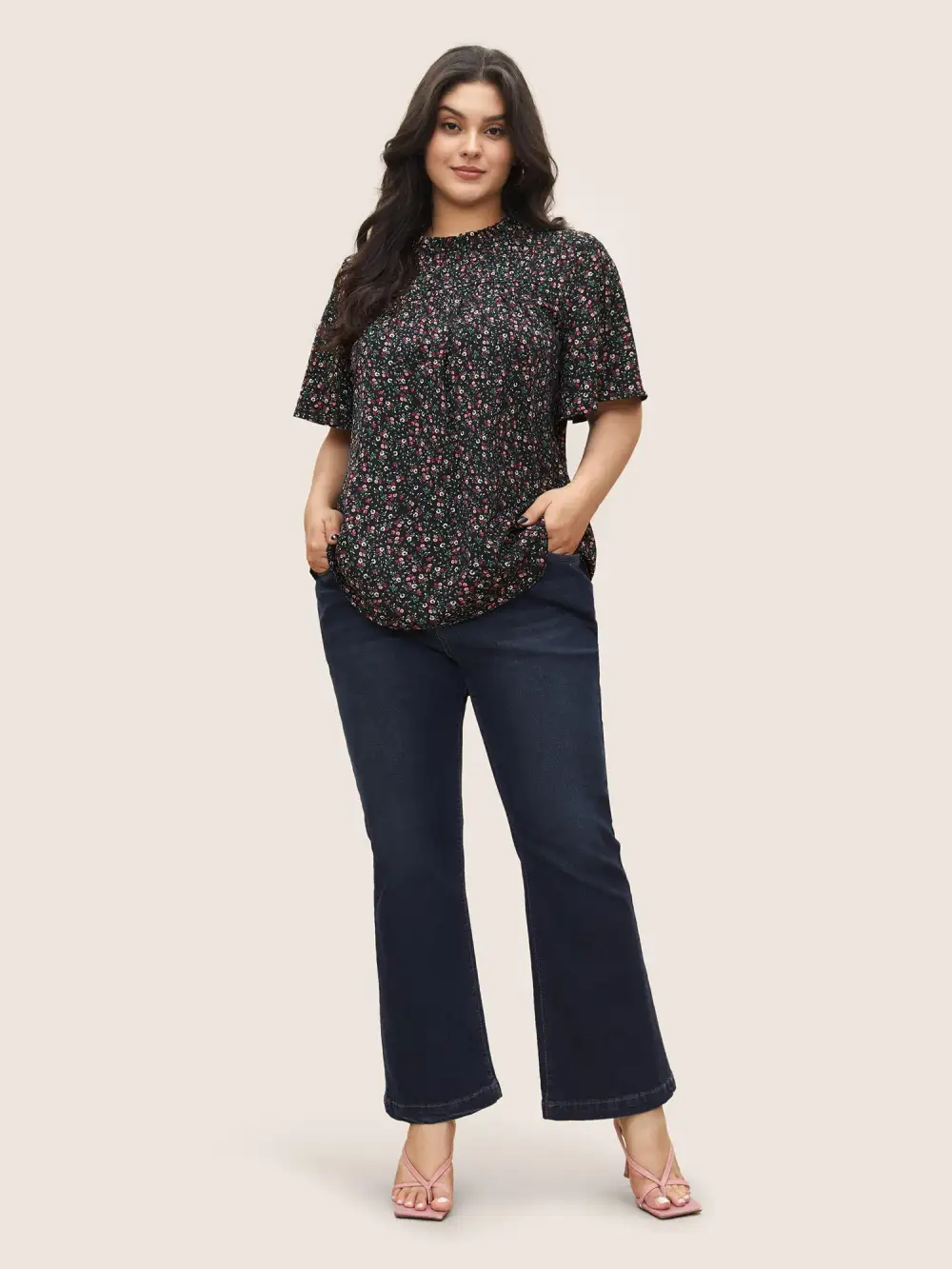 Ditsy Floral Plicated Detail Frill Trim Blouse