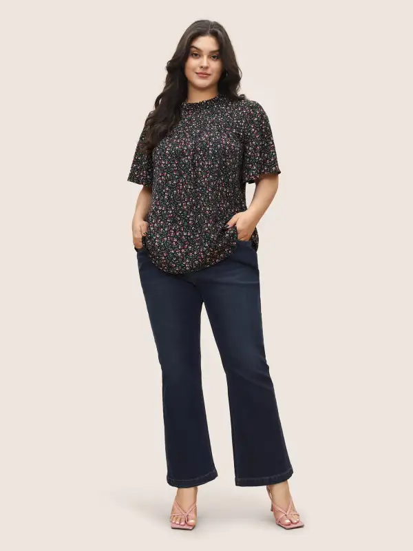 Ditsy Floral Plicated Detail Frill Trim Blouse