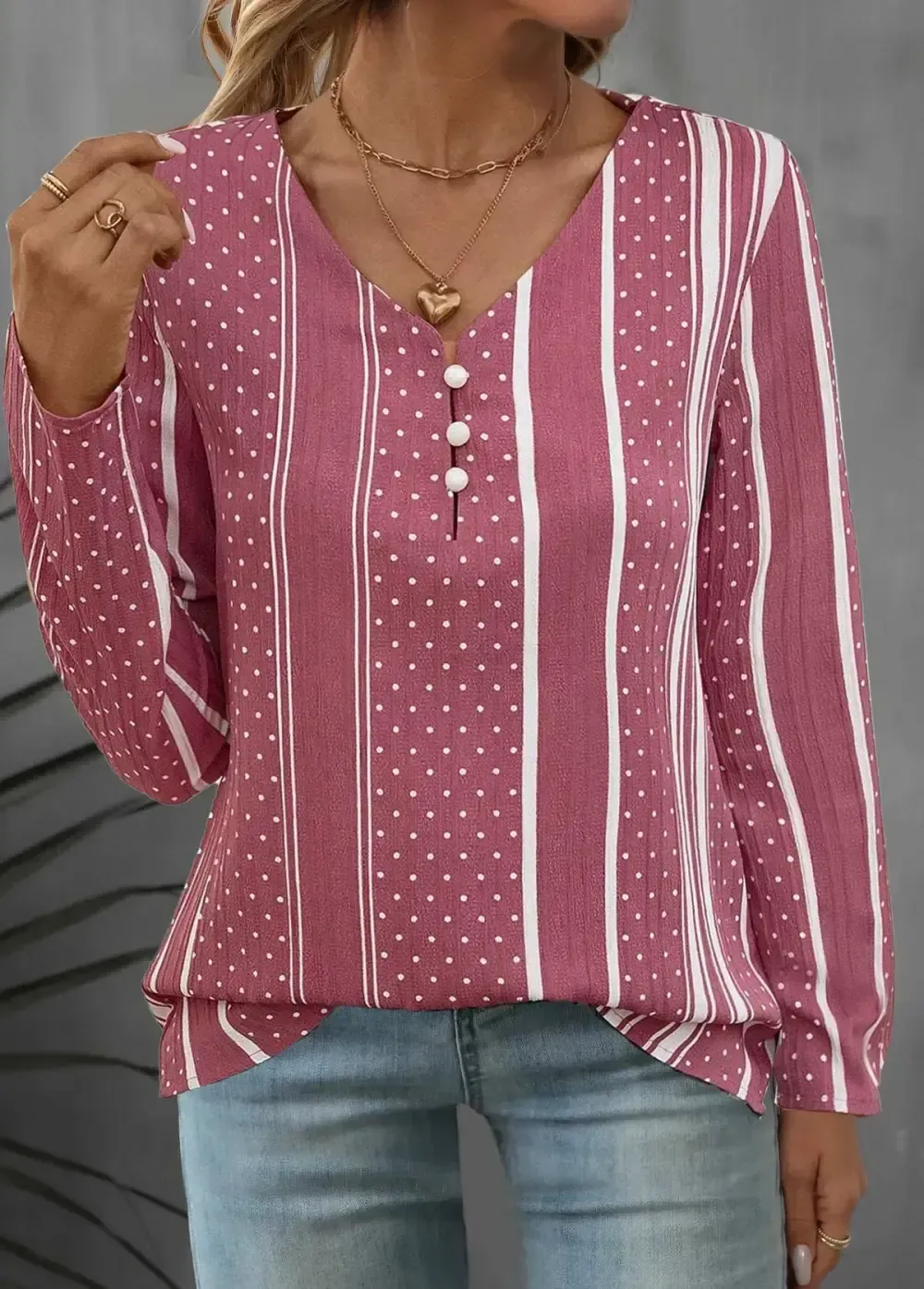 Pink Button Polka Dot Long Sleeve V Neck Blouse