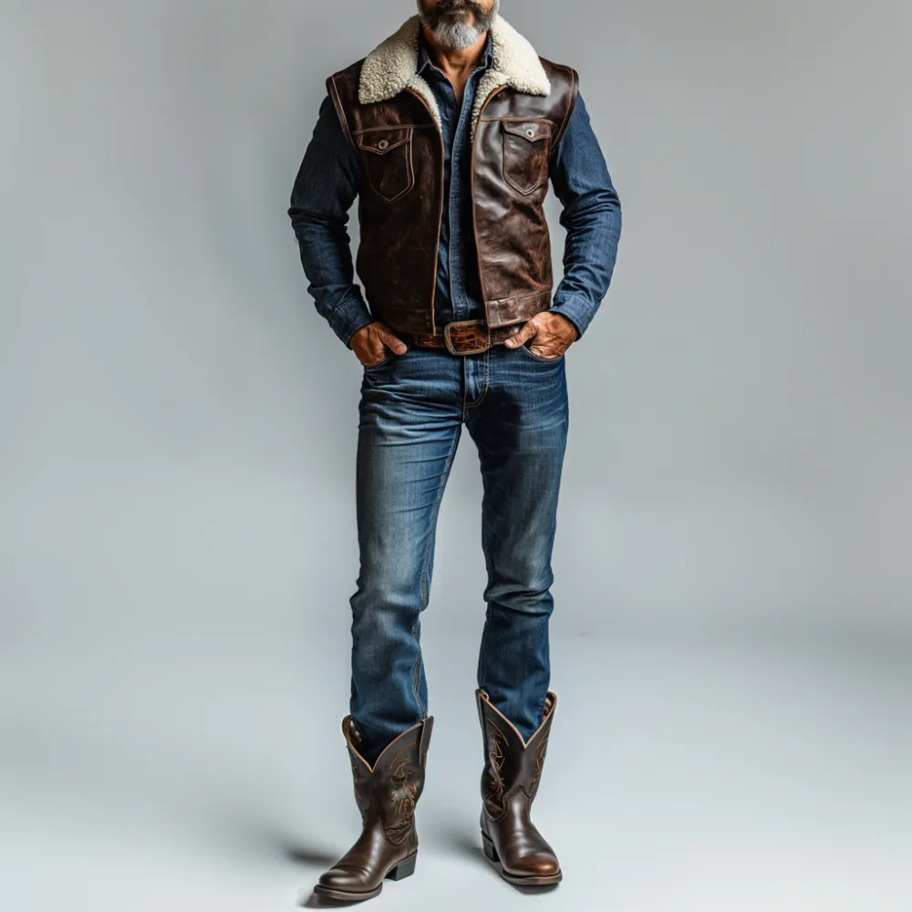 Men's Retro PU Leather Plush Lapel Collar Chest Pocket Vest