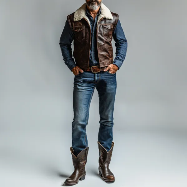 Men's Retro PU Leather Plush Lapel Collar Chest Pocket Vest