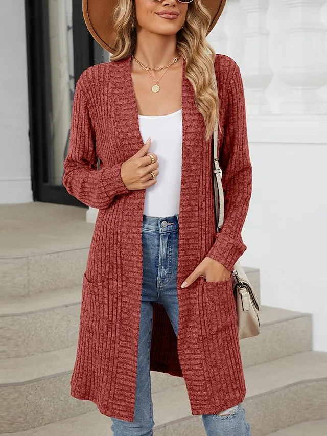 Women's Cardigan Open Front Knit Polyester Pocket Spring Fall Regular Daily Daily Long Sleeve Solid Color