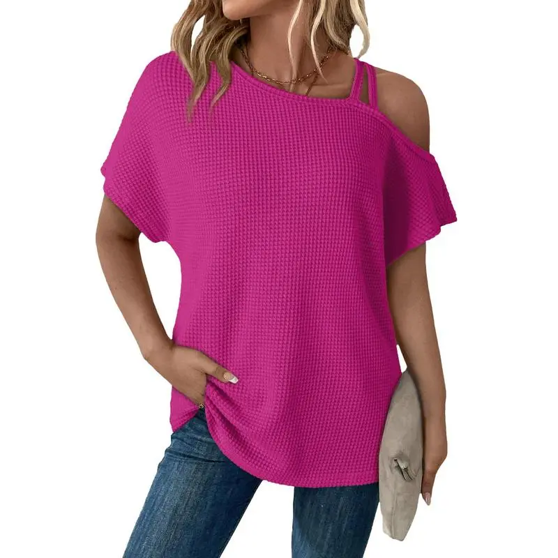Women's Off Shoulder Waffle Knit Tops – Short Sleeve, Lightweight, Casual & Stylish