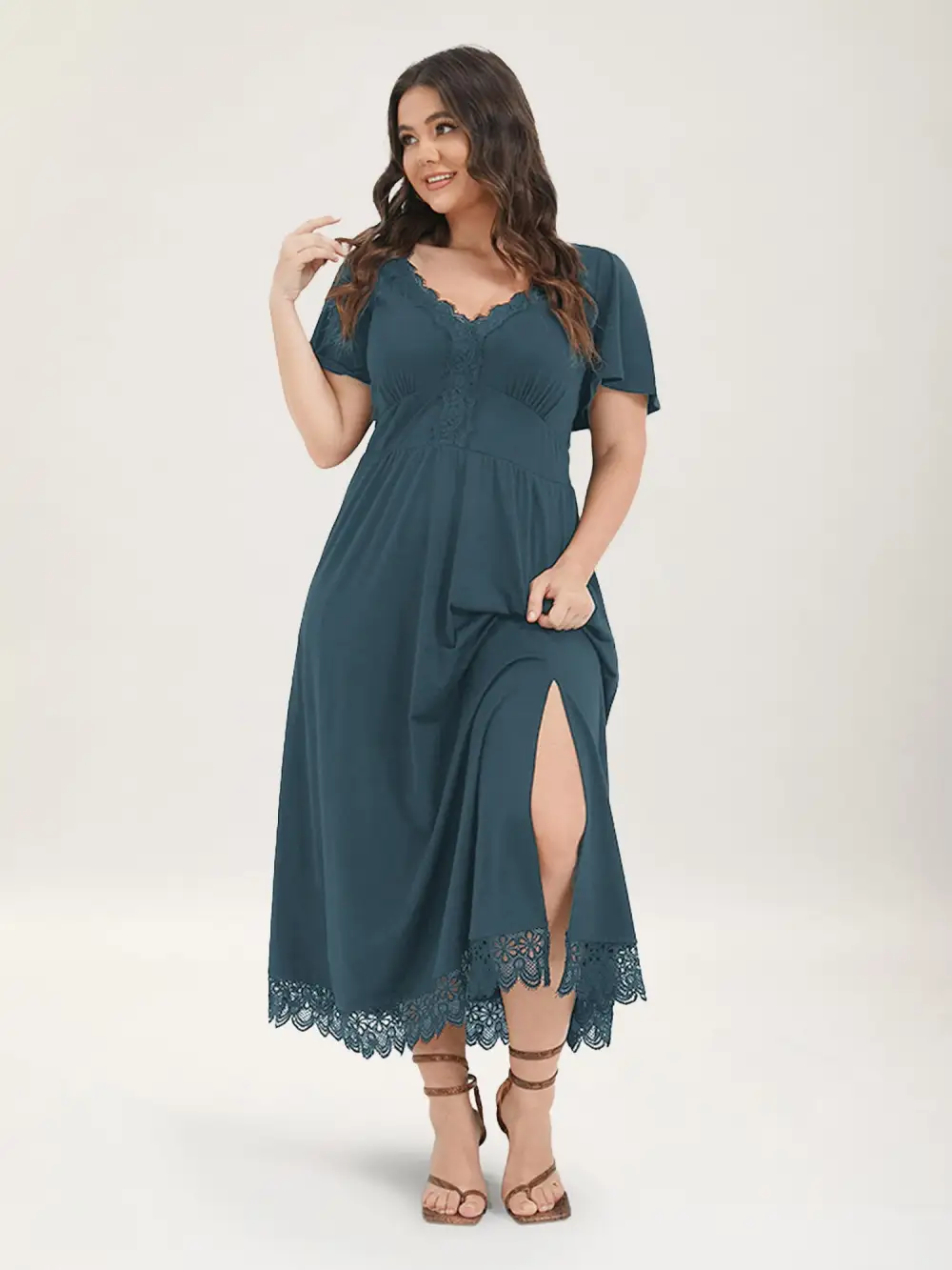 Solid Pocket Contrast Lace Split Maxi Dress