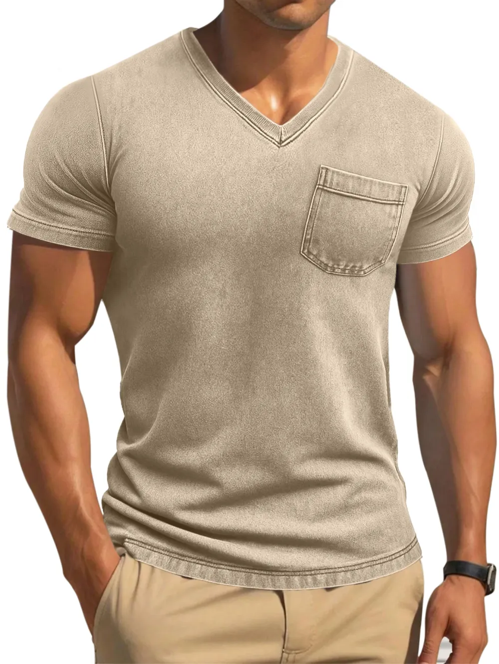 Men's Retro Solid Color Tight And Comfortable V-neck Short-sleeved T-shirt