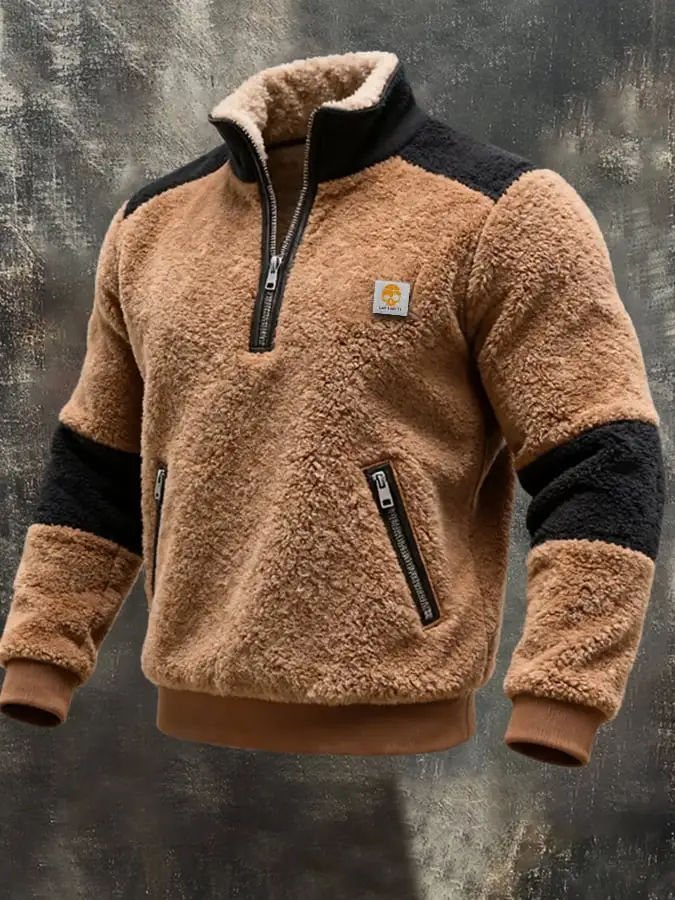Men's Retro Knitted Square Check Leather Splicing Zipper Fur Collar Sweatshirt