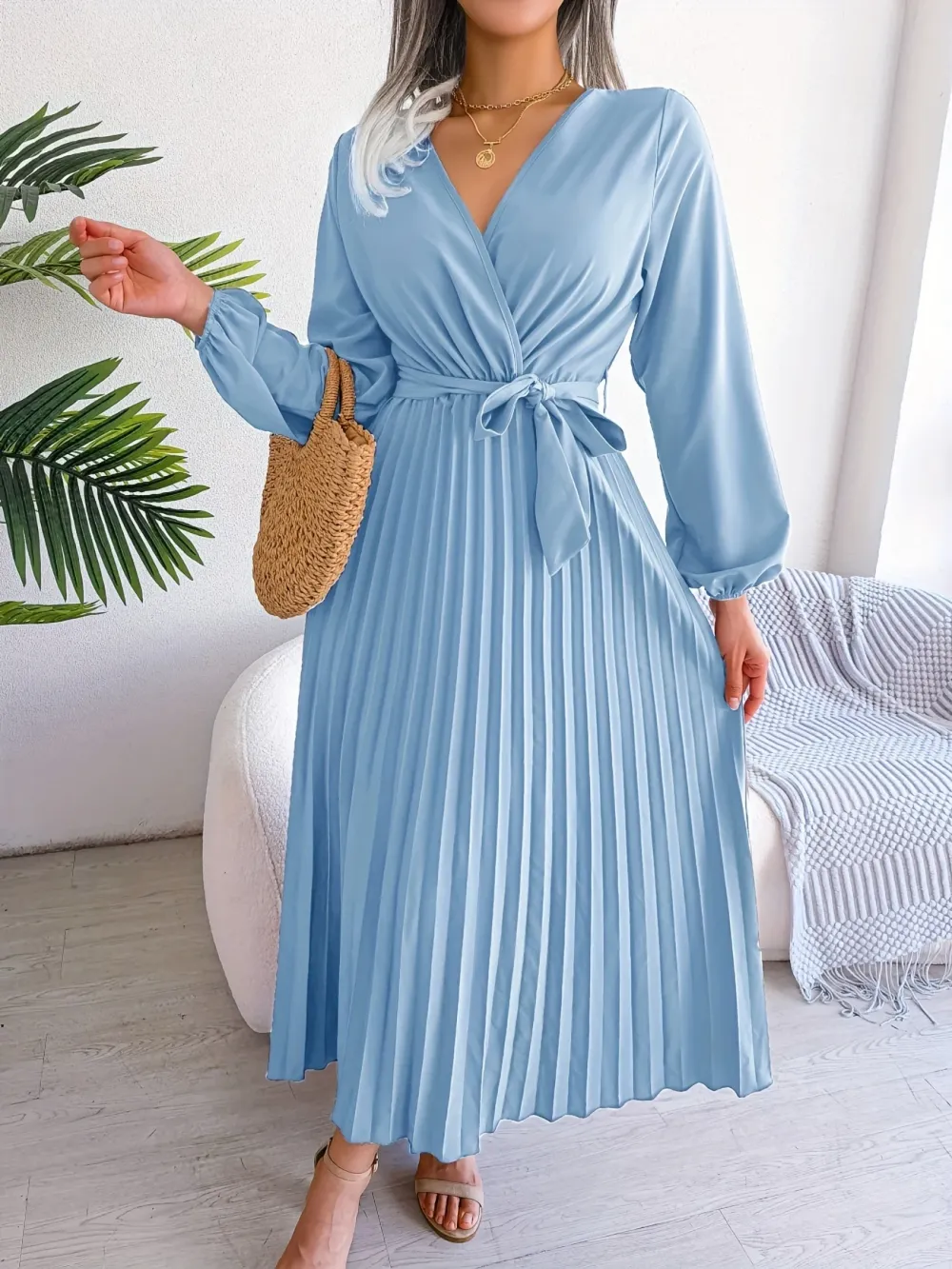 Chic Pleated Dress with Surplice Neckline